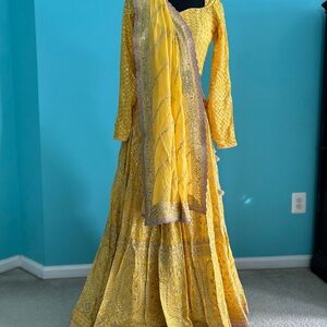 Yellow Tiered Lehenga with Bishop Sleeves and Scoop Neck